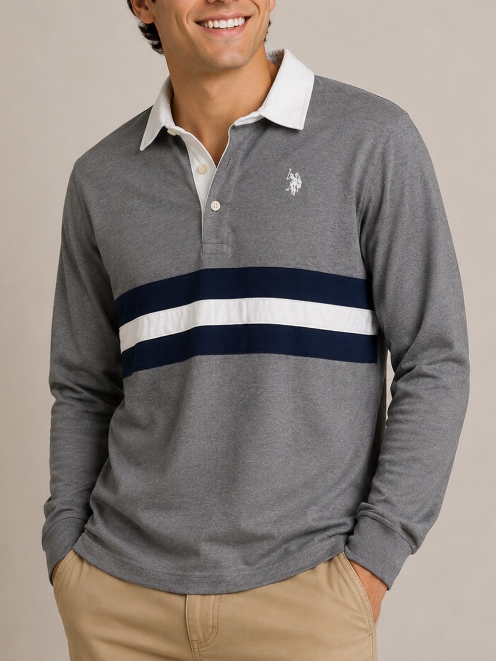 NWT U.S. Polo Assn. Boys Striped Long Sleeve Polo Shirt Grey Blue XXL 18